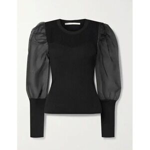 Veronica Beard Leila Ribbed Merino Wool Sweater Silk Organza Sleeves Black Mediu